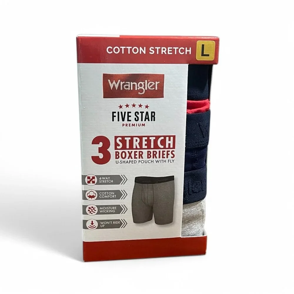 Wrangler Five Star 3-Pack Cotton Stretch Boxer Briefs, Size L, Navy, Red, Gray - Picture 1 of 6